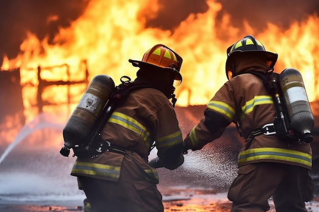 Два пожарных в форме отбивают огонь от неузнаваемых людей Генеративный ИИ