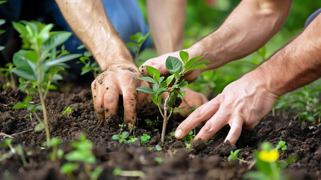 Due giardinieri irriconoscibili piantano un albero nel terreno del giardino l'attenzione è sulle mani e sulla pianta lo sfondo è sfocato