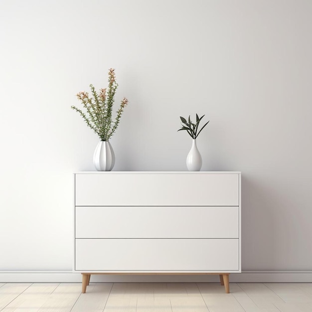 two vases on a white dresser with flowers on the side