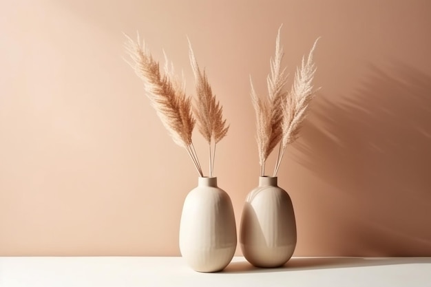 Two vases with feathers on a table