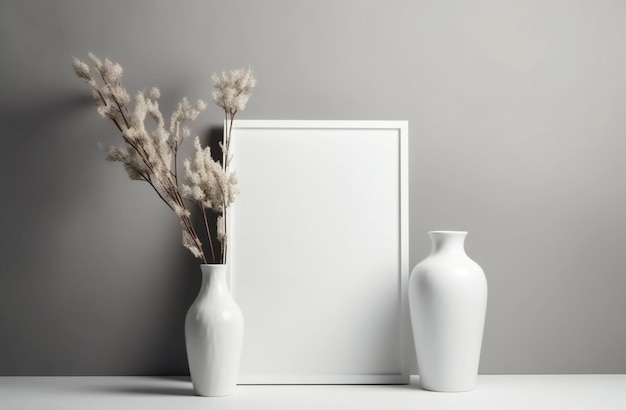 Two vases with flowers next to each other and a white picture frame.