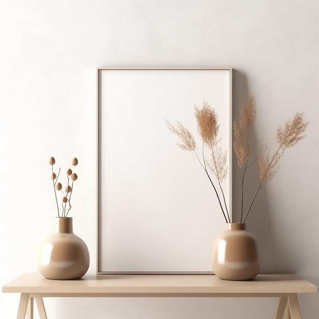 Two vases with flowers on a table and a picture of wheat in the middle.