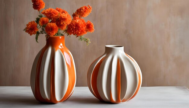 Photo two vases with flowers in them are sitting on a table