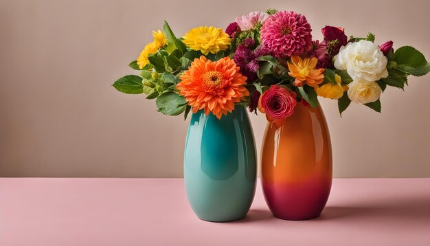 two vases with flowers in them one of which is purple and yellow