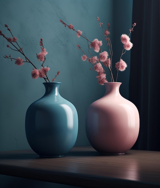 Two vases with pink flowers are on a table