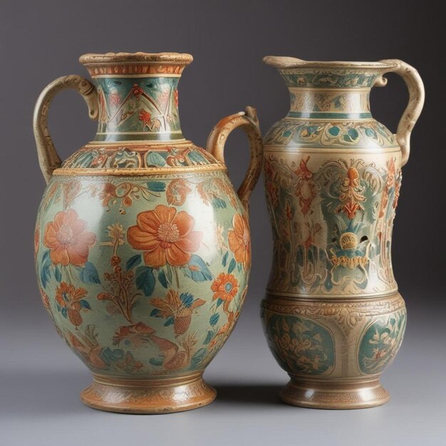 Photo two vases with the word  the word  on them