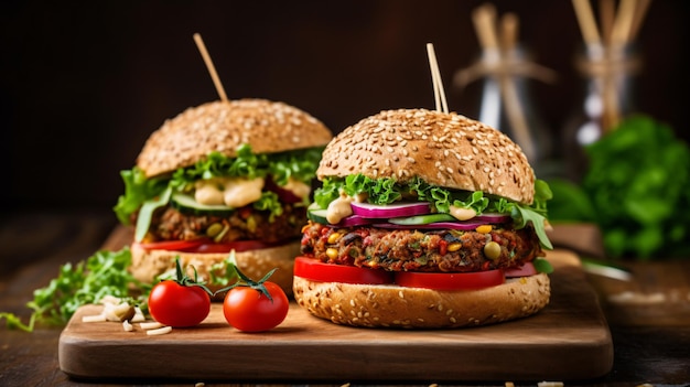 Two vegan lentil burger with salad mustard sauce