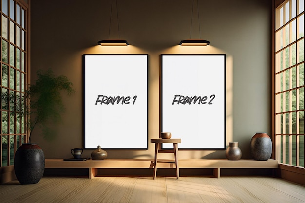 Two vertical frames in traditional japanese interior ai generated image