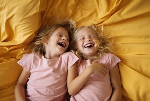 Two very similar girls sisters lie on a yellow blanket and laugh High quality photo