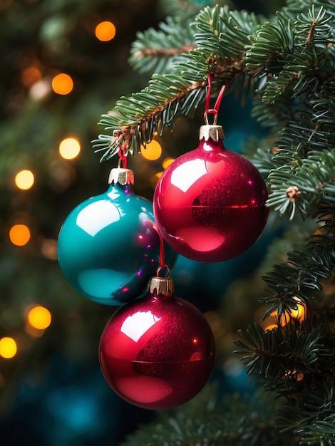 두 개의 활기차고 다채로운 공이 섬세한 피르 크리스마스 트리 가지에 매달려 있습니다.