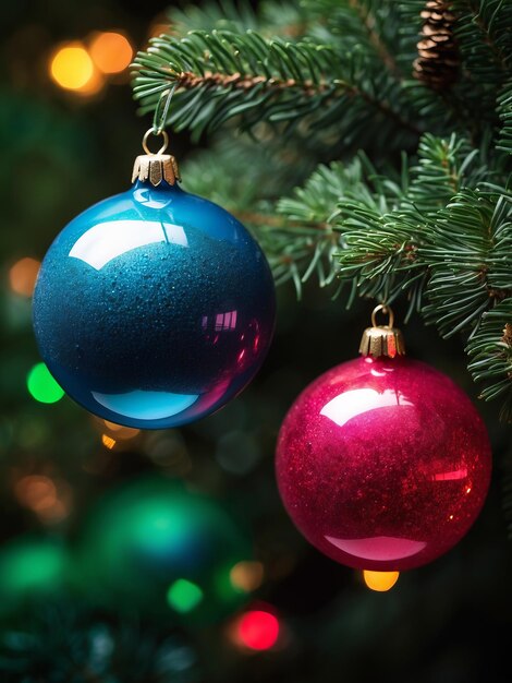 Two vibrant colorful balls hang from a delicate fir christmas tree twig 12