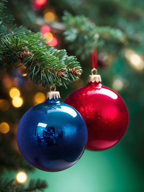 Two vibrant colorful balls hang from a delicate fir Christmas tree twig 14