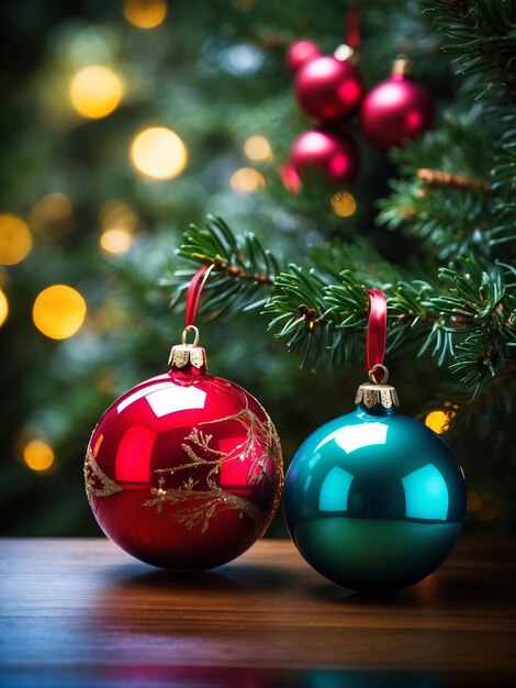 Two vibrant colorful balls hang from a delicate fir christmas tree twig 37