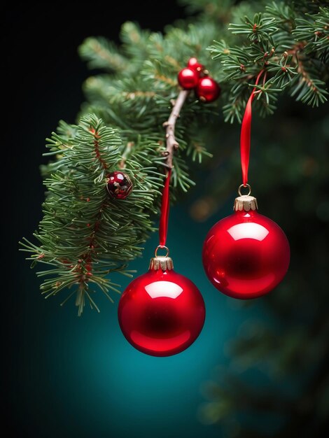 Two vibrant colorful balls hang from a delicate fir Christmas tree twig 53