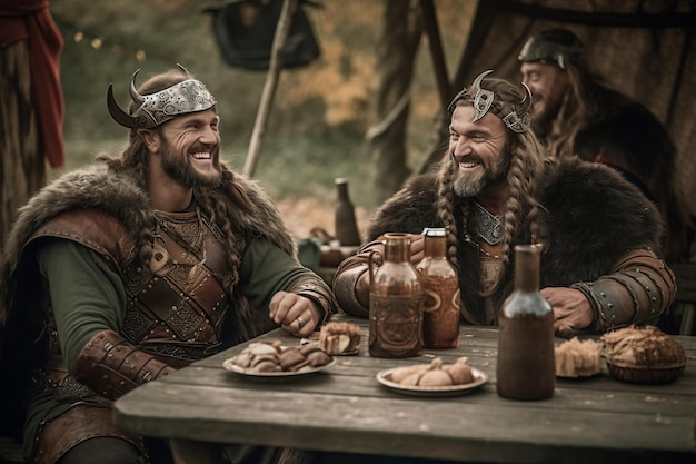 Two viking warriors getting drunk