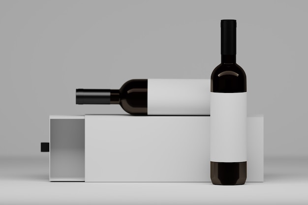 Две бутылки из лозы с белыми этикетками и упаковочная подарочная коробка на белом. 3D иллюстрации.