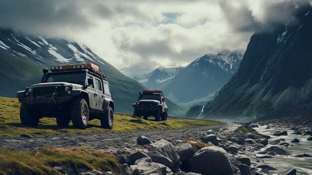 Two vintage offroad vehicles on a mountain landscape at sunset