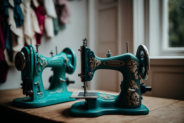 Two vintage sewing machines on a wooden table representing the history of fashion and textiles