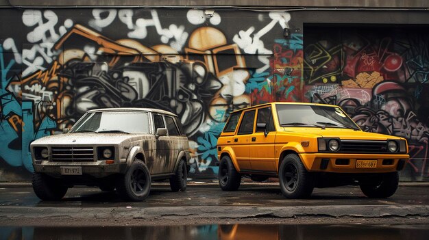 Два старинных фургона с граффити, припаркованные перед яркой стенописью уличного искусства