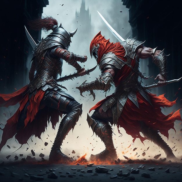 Two warriors locked in a deadly duel their swords clashing and their blood spilling onto the ground