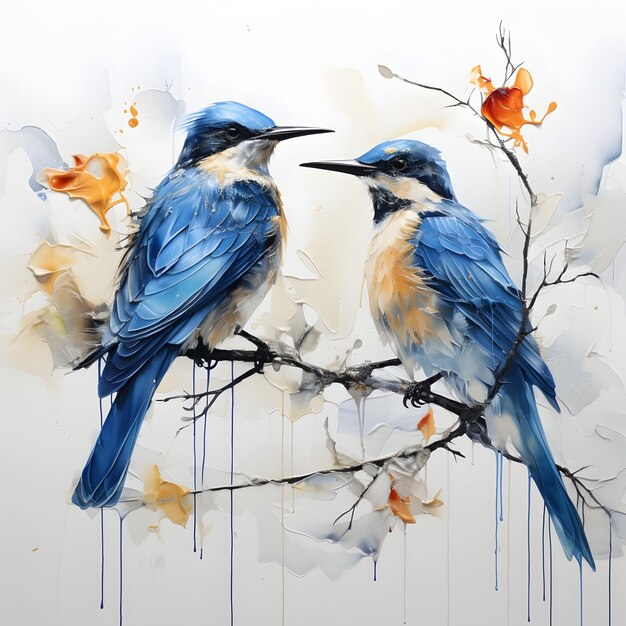 Two watercolor birds on branch