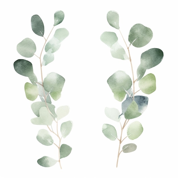 two watercolor illustrations of a branch of eucalyptus with green leaves generative ai