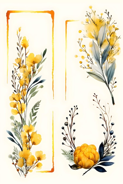 黄色の花と葉の 2 つの水彩画抽象的な黄色の葉の背景