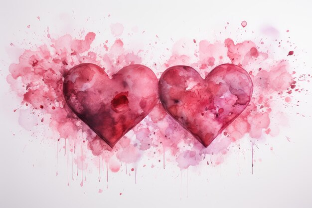 Two watercolor pink hearts on a background of splashes of paint splashes stains and drops