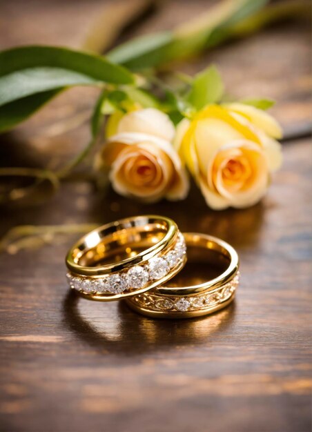 Два свадебных золотых кольца в романтическом стиле свадебного стиля