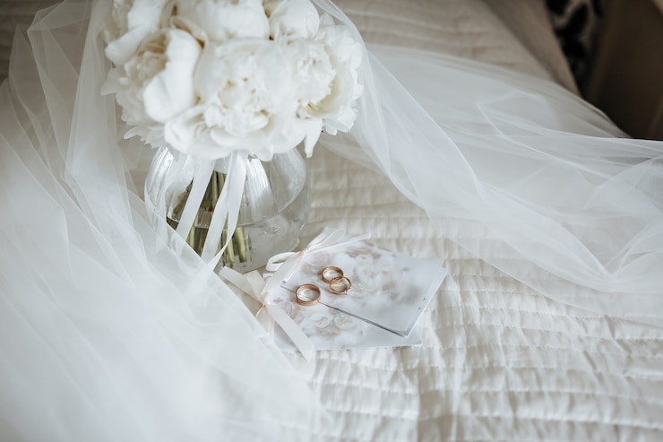 Photo two wedding rings and an engagement ring lie on an invitation with flowers wall