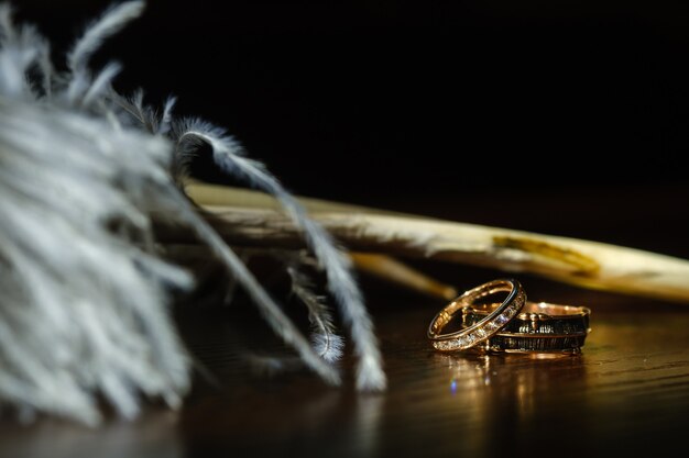 Two wedding rings lie in white feathers. The concept of love.