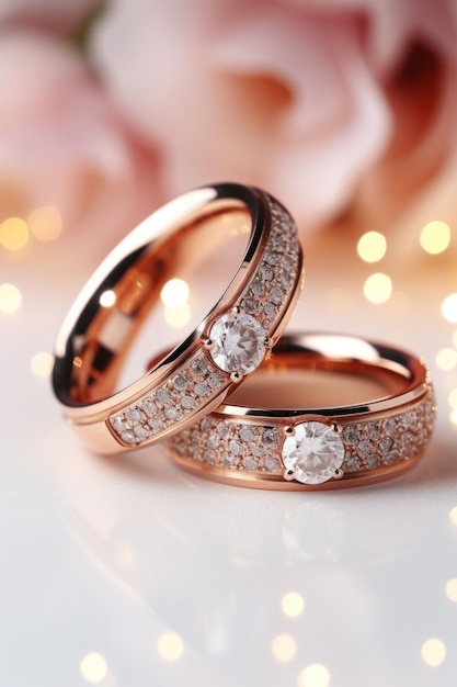 Two wedding rings male and female with diamond on wedding card selective focus style ROSE GOLD wedding concept