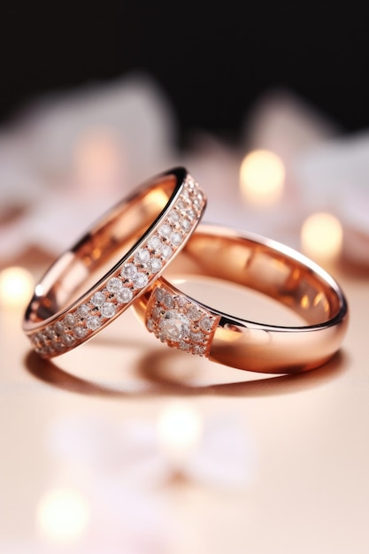 Два обручальных кольца, мужское и женское, с бриллиантом на свадебной открытке, стиль селективного фокуса, свадебная концепция РОЗОВОЕ ЗОЛОТО