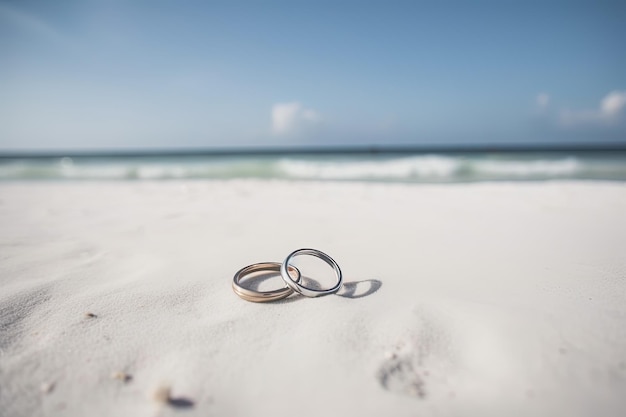 Два обручальных кольца в песке на фоне пляжа и моря