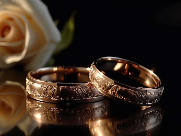 Two wedding rings sit on a table with a rose in the background