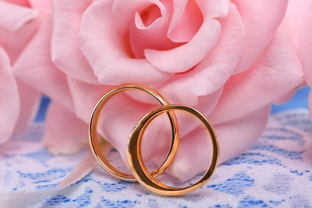 Two wedding rings on white lace