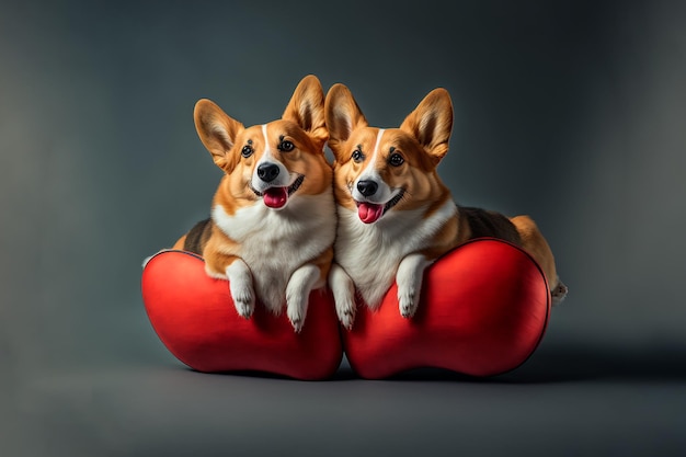 Two welsh corgi dogs sleeping on a red heartshaped pillow heart icons flying around