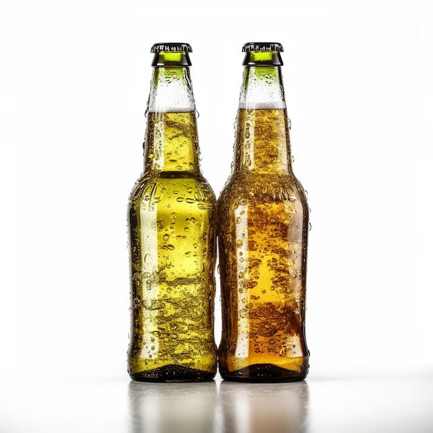 Two wet bottles of Beer on white bacground