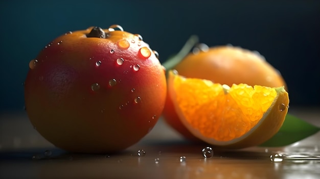 Two wet orange fruit and a leaf with a slice cut of orange fruit look fresh