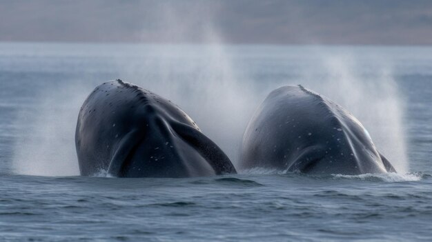 Two whales are swimming in the ocean, one of which is covered in steam.