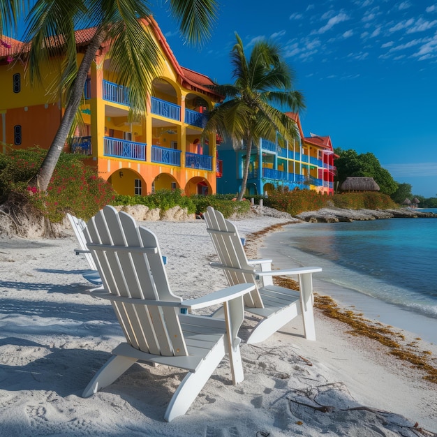 Two white Adirondack chairs sit on a beach with colorful buildings in the background
