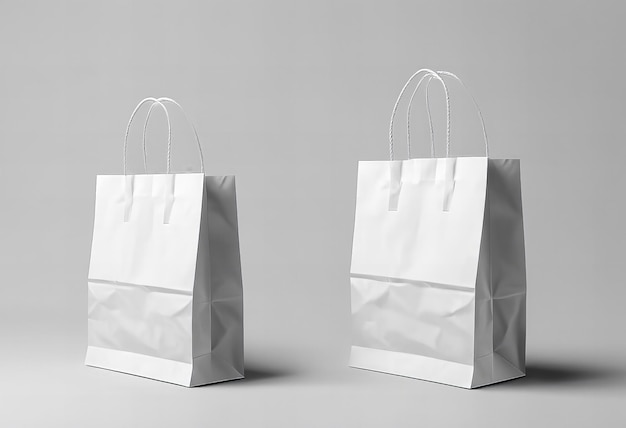 Two white bags with handles are displayed on white background