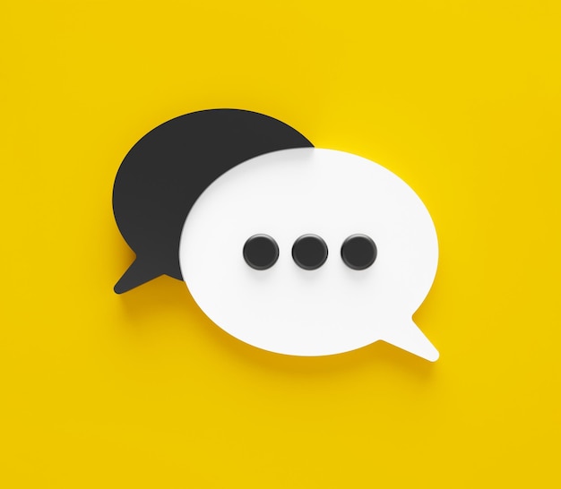 Photo two white and black bubble talk or comment sign symbol on yellow background. 3d rendering illustration.