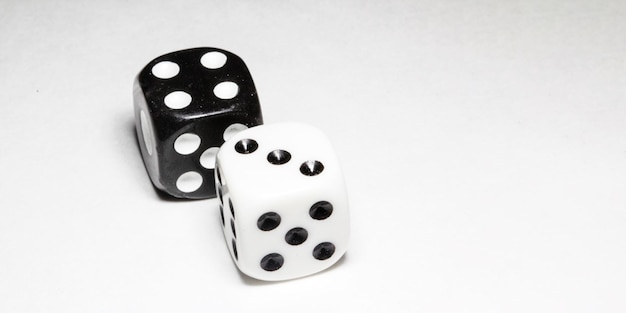 Two white and black dices on a grey background win or lose\
catch your luck gambling equipment