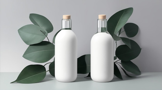 生成 AI によるインダストリアル スタイルでユーカリの葉の上に置かれた 2 つの白いボトル