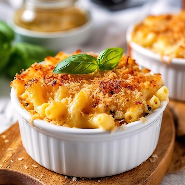 Photo two white bowls of macaroni and cheese with a green leaf on top