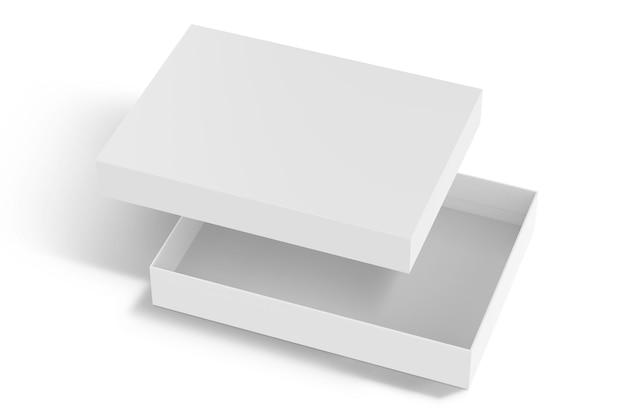 Two white boxes with one open and one open, one on a white background.