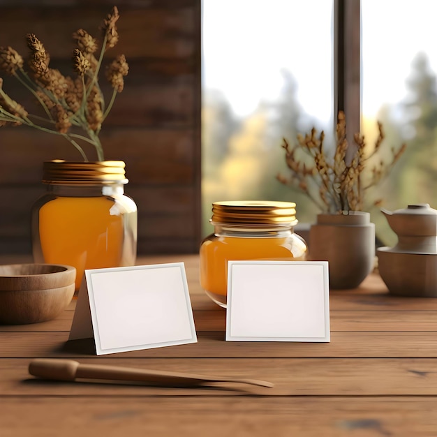 Photo two white cards against a background of orange juice jars and a window