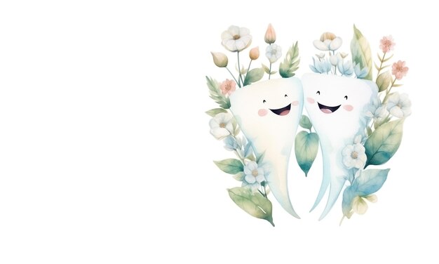 Два белых картинных зуба с ногами и рукой между травами, растениями и цветами