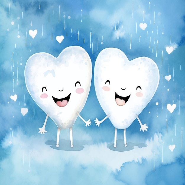 Photo two white cartoon watercolor teeth with legs and hand fall in love